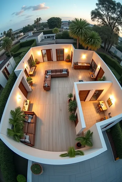 The view above from inside a house where there are two bathrooms  , four rooms separated by walls is shown from a panoramic view