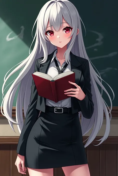 Anime woman white silver hair very red eyes in black jacket and black skirt on the chalkboard in her hand an open book showing glasses long hair big breasts very beautiful 