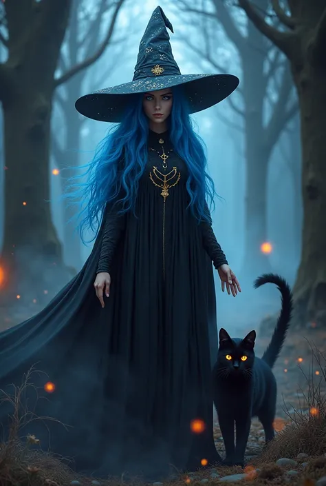 Blue-haired witch with a hat and a black cat with orange eyes