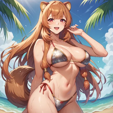 raphtalia, Orange hair red eyes, orejas de animal, happy smile, , big breasts, pale skin,  wet body animal ears, metallic bikini, ose sexy,   tropical beach background