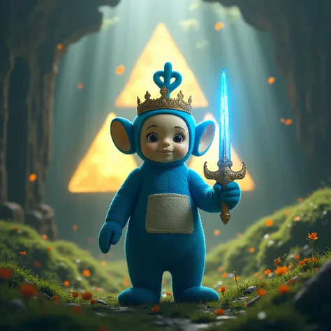 Teletubbies Zelda blue with a tiara, le symbole de la triforce et une épée 