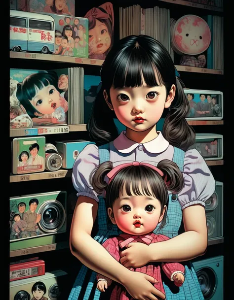  illustrations、art、80&#39;Horror movies, Supervised by Junji Ito、Japanese girl holding a doll、 high detail, Realistic shadows、 analog style , VHS Style, 8mm Film,  Color Difference, DVD Screenshot 、  complementary gradients 
