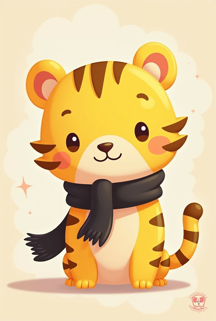 A yellow tiger with a black scarf and a small scar on its cheek as a Sanrio character 