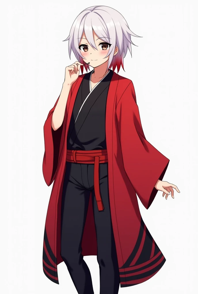 in anime style: A young man of a height of 1 .78 of test cinnamon ,  hair below the shoulders white color with the tips in red gradient with a slutty style .  Sharp-shaped dark eyes and a calm smile .  Wearing over him a red Haori with black lines on the l...