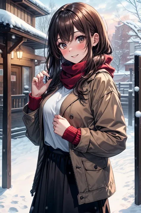 ((masterpiece, best quality:1.3, high detail)), beautiful woman, smile, hands up, looking at viewer, long hair, (brown hair), solo focus, one person only, full-face blush, (brown jacket, white sweatshirt, red scarf, ((long black skirt)), boots, outdoors, (...