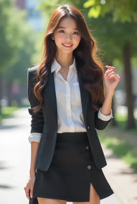 "A young Thai female university student with long, wavy ash brown hair, large expressive eyes, wearing a stylish short skirt and modern academic attire. The outfit is fashionable but elegant, featuring a mid-length slit in the front. She has a confident an...