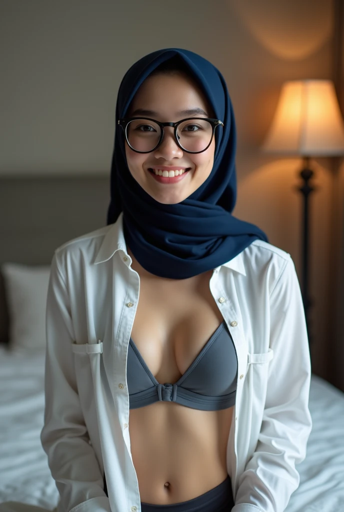 ((High-Definition Quality)), Reality, Malaysia, A cute hijab girl, Big glasses, Smile, Dark blue hijab, Unbutton, White shirt, Full cleavage, Small grey sports bra, Sexy, Chest, flat stomach, Bedroom background. 