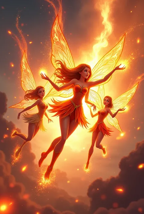 A group of realistic fire power fairies from Winx Club, floating in the sky, their wings fluttering, wearing new and improved transformative outfits while fighting evil witches. 