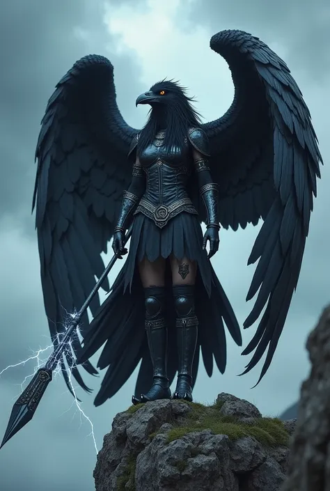 A humanoid hybrid of a Viking warrior and a raven, standing on a jagged cliff under a stormy sky. Her sleek black feathers cover her tall, graceful form, blending perfectly with the leather armor that hugs her body. Her raven-like head features a sharp bea...