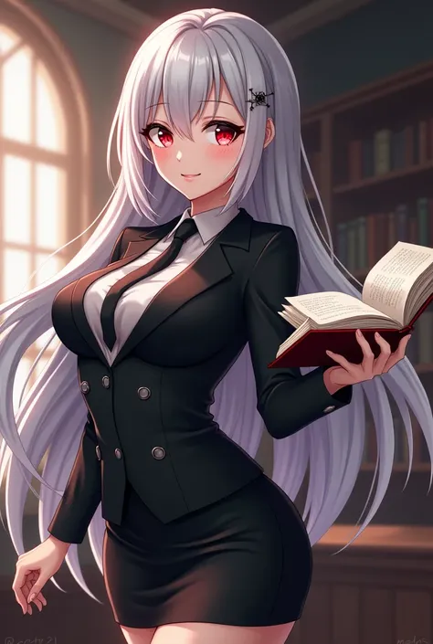  Anime woman white silver hair very red eyes in black jacket and black skirt background of the clace in her hand an open book teaching, profe glasses .  long hair big breasts very beautiful  