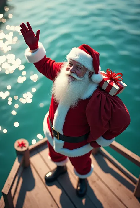 Santa Claus stands at the Zabiyaka Bay floating base with a bag of gifts,waves his hand,  realistic photo, view from above 