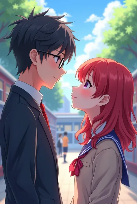  Anime teen girl ,  red hair , purple eyes,  white skin ,  man wearing uniform,  looking in love at a handsome boy,  black hair, glasses, student clothes. Theyre at school ,  In the interval 