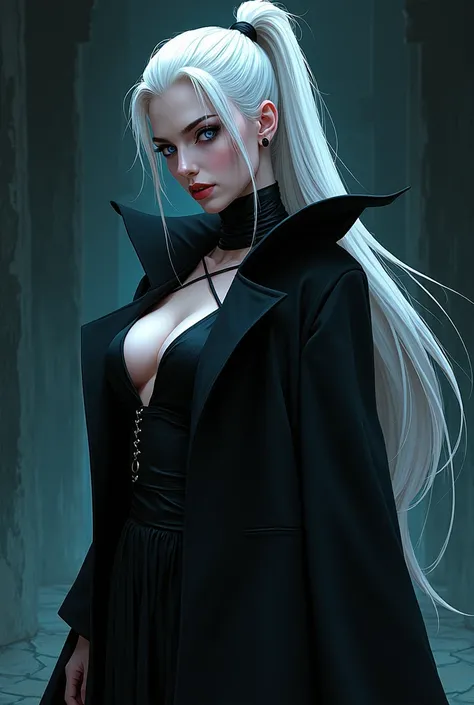 Daphne Greengrass, dark, evil, serious, white hair, ponytail, blue eyes, seductive, manga style, whole body