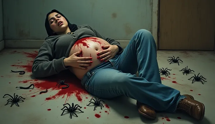 make a picture of an 18 years old Muslim girl, wearing a hijab, sagging jeans, and sweater, lying on the floor with many tiny tarantulas, big pregnant belly, stomach bleeding, two snakes coming out of his stomach. facial expression screaming in pain.