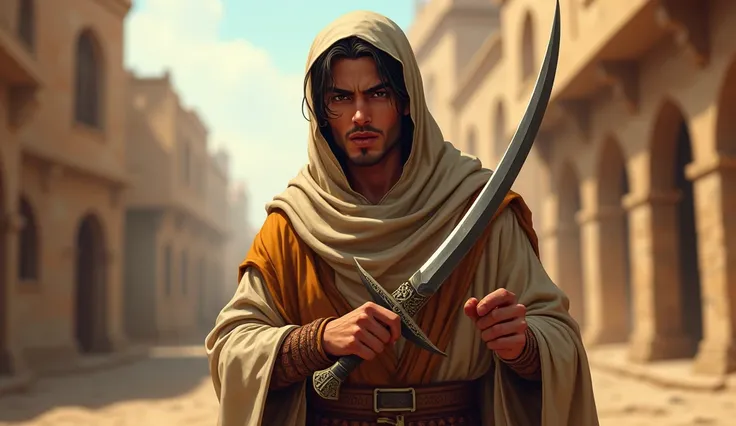 "digital illustration,  young Umar with angry expression ,  holding a curved Arabic sword,  setting on a 6th century Meccan street ,  historical-realistic art style ,  his inspiration from Deviantart ,  outdoor environment , medium telephoto ,  afternoon s...