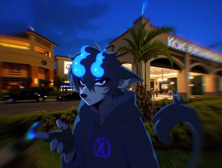 Furry boy with a black hoodie, depressed face, looking at viewer from front, night city background 