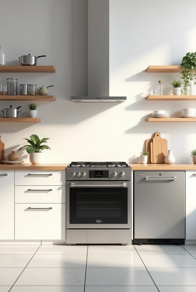 Give a front view of a kitchen with a modern stove, a dishwasher and several shelves 