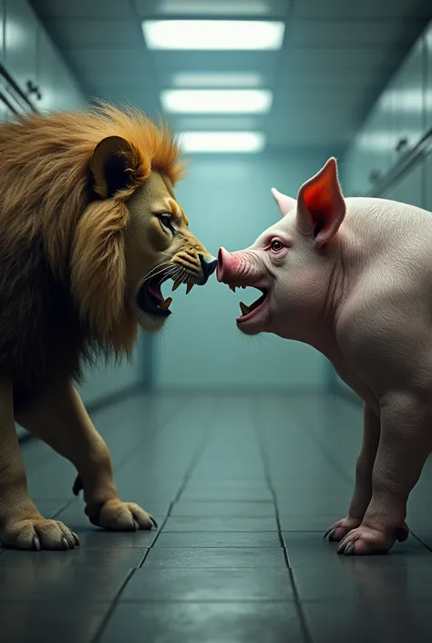 "Create a dramatic scene where a lion and a pig are placed face-to-face, both in an angry mode. The lion, with its majestic mane flaring and sharp teeth bared, stands in a powerful stance, exuding dominance and raw aggression. Opposing it, the pig, with a ...