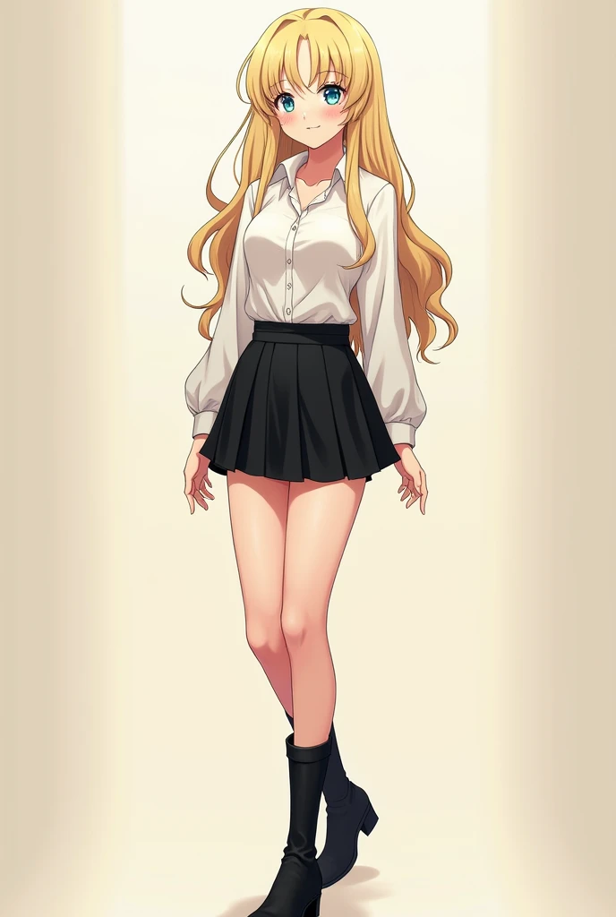 * a 19-year-old anime character .*

*Appearance:  wavy blond hair ,  light blue eyes ,  Perfect body with perfect waist and curves,  a beautiful face and a sweet smell *

*clothing:  a white blouse with some buttons ,  a slightly short black skirt  (But no...