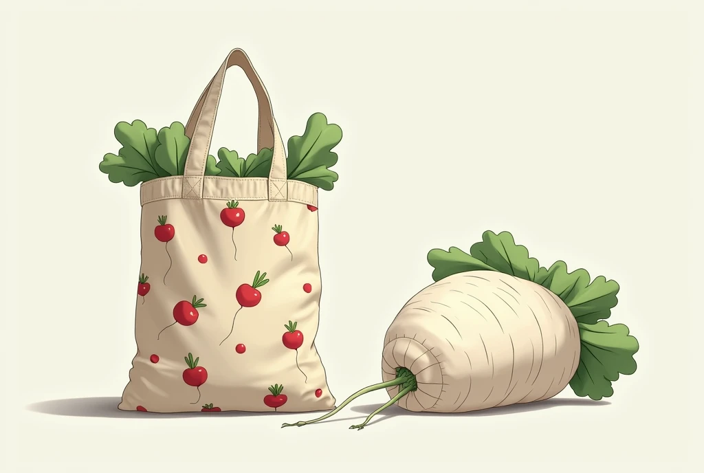 Create an illustration of a white radish-themed eco bag. The bag should have a vibrant white radish pattern printed on it. When not in use, the bag can be compactly folded into the shape of a white radish, making it easy to carry around. The design should ...