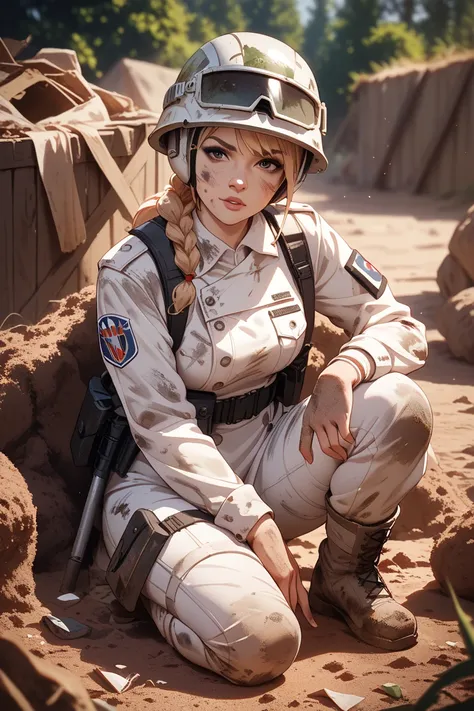 1 girl, helmet, white uniform, dirt, dirty, trench warfare