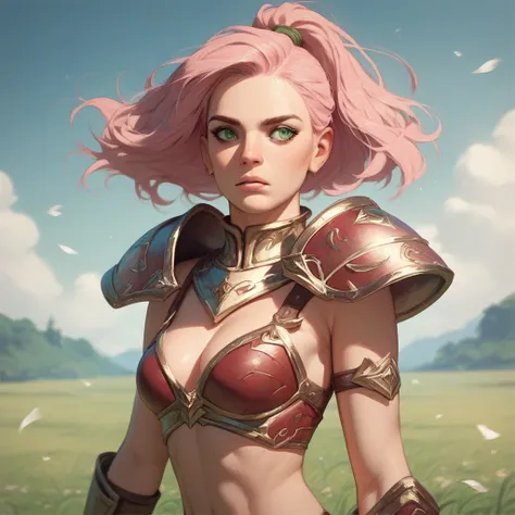 A Girl with slim, fairly curvaceous body, short Light Pink hairstyles, and green eyes, and standard breasts  was wearing a red bikini armor on the field 