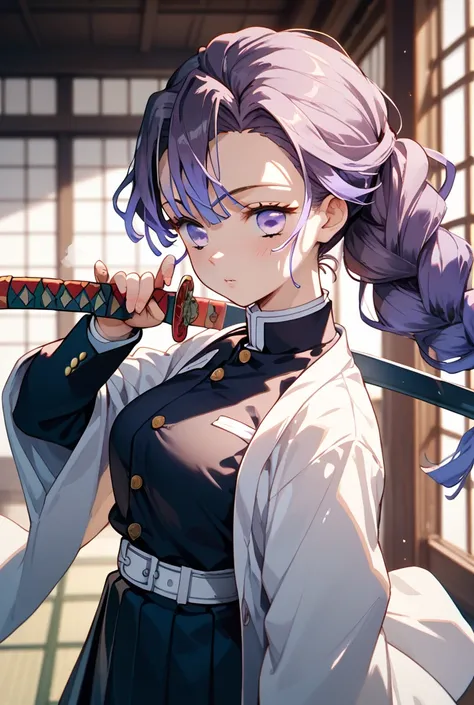 Create a girl in the uniform of Hashira from Kimetsu no Yaiba gray and purple hair a haori from dragon wearing a katana and doing a dragon breathing pose