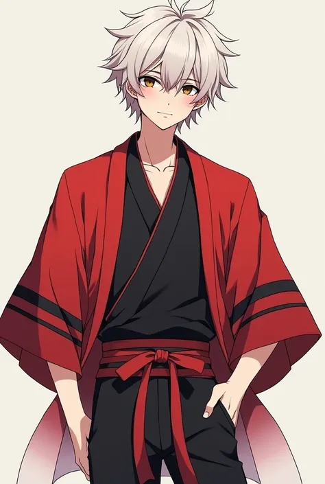  with an anime , a boy of about 20 years old with cinnamon test ,  hair on the shoulders white with the tips in red gradient with a slutty style .  Sharp-shaped dark eyes and a calm smile . Wearing over him a red Haori with black lines on the lower part th...