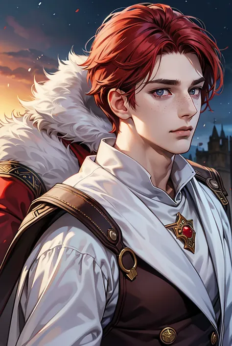 1boy, viewer looking up from low angle, battle-ready focused, royal regalia, cold winter background, freckles, short red hair, dark eyes, dashing and charming, large anime eyes, manwha art style