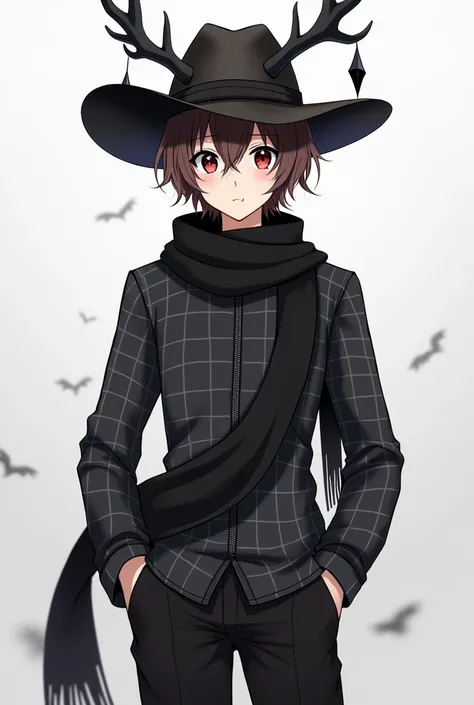 You can make an anime-type male character that has a shirt with black and gray squares that has a cover in the middle and in the middle that has black , A pair of black pants,  black elk horns , brown hair , some red eyes, a long black scarf and a black co...