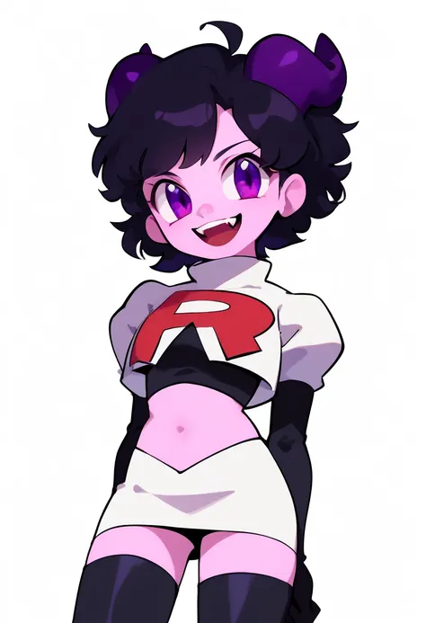 jellybean_yt, solo, looking at viewer, smile, short hair, open mouth, black hair, 1girl, white background, purple eyes, female focus, horns, teeth, colored skin, fangs, team rocket,team rocket uniform,white skirt,red letter R,crop top,black thigh-highs,bla...