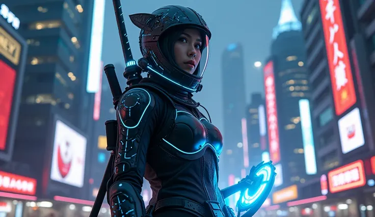 A futuristic Malay female cyber samurai standing in a neon-lit cityscape at night. The samurai is wearing a high-tech, sleek black armour with glowing blue circuit patterns and a clear visor helmet can see her pretty face. In one hand, he holds a tradition...