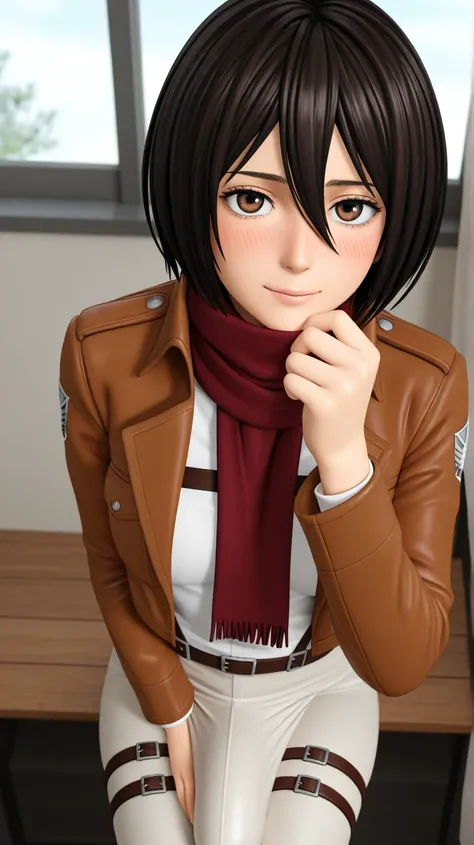 Mikasa Ackerman (Attack on Titan), solo, looking at viewer, blush, small smile, futanari, huge bulge, pre-cum, hand on chin, front view, masterpiece, best quality, amazing quality, highres, absurdres, newest, very awa, (3d:1.4)