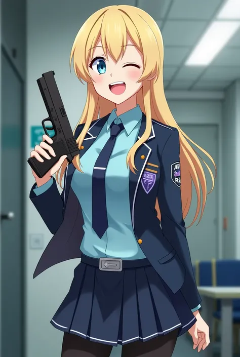 (  police station room background
Appearance
Kanna has long blonde hair and sharp teeth .  His eyes are light blue with right eye covered in bangs . 166 cm tall and 103 cm large chest 



uniform
Kanna wore a police-like uniform consisting of a cyan dress ...