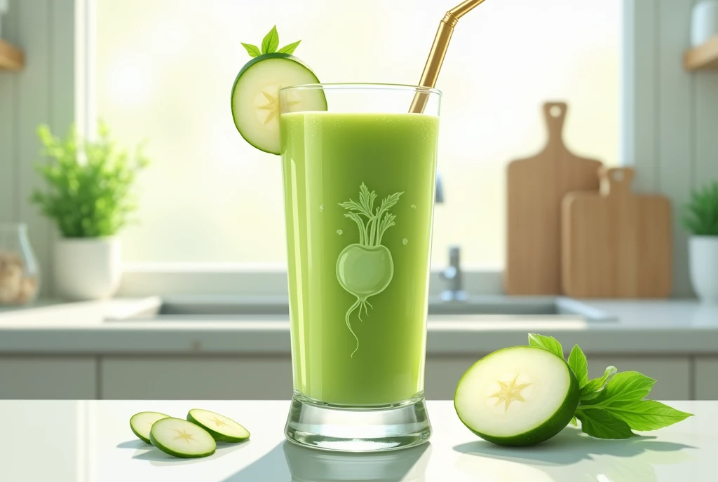 Create an illustration of a white radish smoothie product. The smoothie should be presented in a clear, stylish glass with a vibrant white radish design on the glass. The smoothie itself should have a fresh, light green color, indicating its healthiness. I...