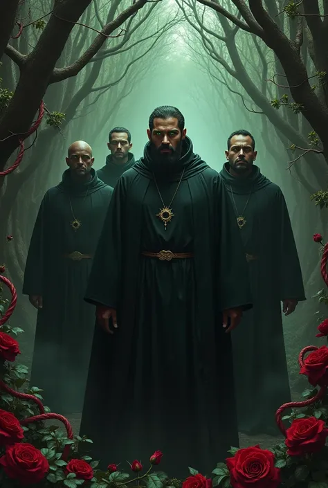 male   four mens  20 hot stronger Men in Black holy father clothes, latin skin, Green eyes,  Red cables rose, Thick branches of roses filled with thorns ,   like snakes all over the scenery 