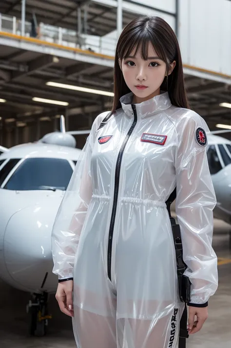 Highest quality, 8k, Very delicate and beautiful, Highly detailed face and skin texture, Glowing Skin, High resolution, A beautiful Asian girl in a colorless transparent PVC pilot suit standing in an aircraft hangar, Sharp focus
