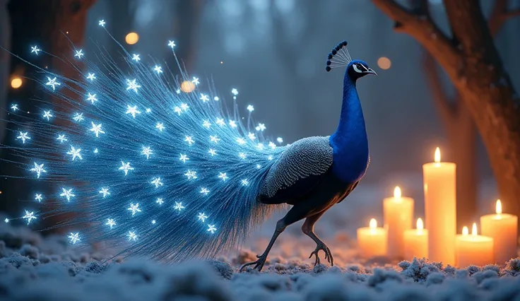  A peacock displaying glowing feathers decorated with snow patterns and Christmas stars, walking proudly in a candle-lit setting .
