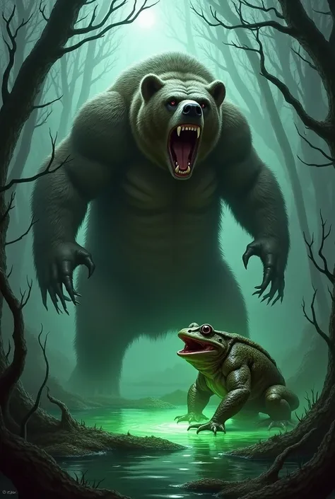 "Create a striking image featuring a bear and a frog in an intense confrontation. The bear, massive and imposing, stands on its hind legs, snarling with bared teeth and claws extended, exuding raw power. Facing it, the frog, unusually large and muscular, c...