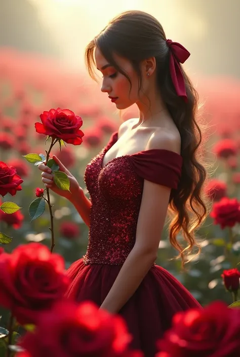 The princess was standing in the middle of a vast rose garden, with red and white roses in full bloom. She was wearing a sparkling burgundy dress, with her long hair tied with a satin ribbon. In her hand, she held a freshly picked rose, looking at it atten...