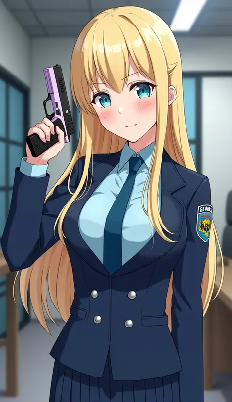  police station room background
Appearance
Kanna has long blonde hair and sharp teeth .  His eyes are light blue with right eye covered in bangs . 166 cm tall and 103 cm large chest 



uniform
Kanna wore a police-like uniform consisting of a cyan dress sh...