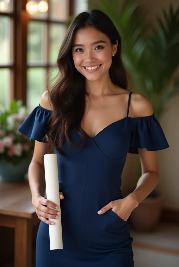  high quality image , 8K, ultra HD,  Light-skinned woman with dark brown hair ,  long and with waves , brown eyes, slender hourglass-like body ,  light and natural makeup ,  dressed in a v-neck dress with ruffled sleeves in night blue,  smiling slightly , ...