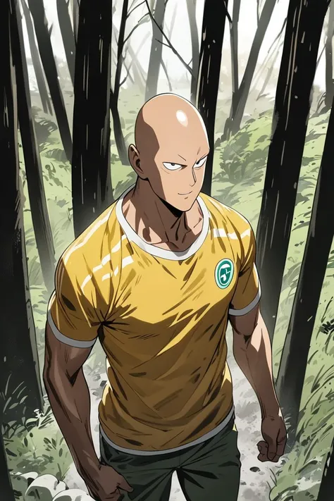 A bald man alone, smile, con ropa deportiva ,walking an empty forest in summer,  High resolution,  masterpiece, imagen estilo amime one punch man