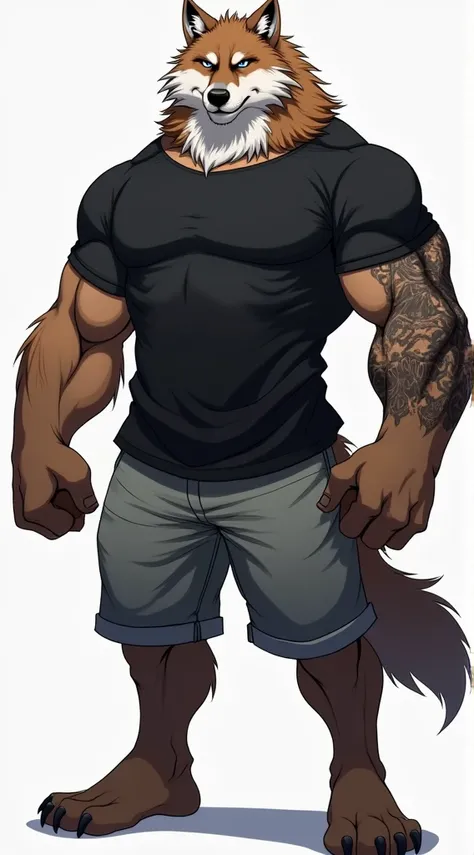 Muscular furry wolf dressed as a In shorts and black t-shirt with a tattoo on his left arm digital drawing anime furry