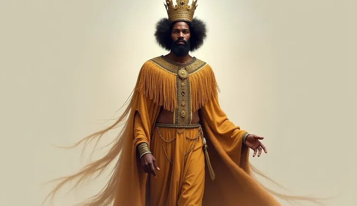 Create me a man with a beard and Afro hair with a crown like a king with a robe and golden fringes like the Native Americans and that the tunic covers his entire body 
