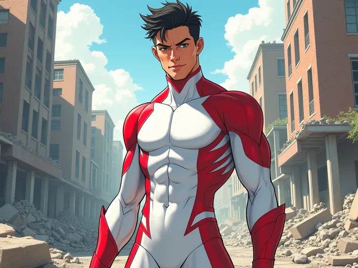 Male hero. Short black hair. White bodysuit with red trim at the sides and red highlights. Lithe build. Fit. Cocky smile. My Hero Academia. Digital art. In a ruined city.