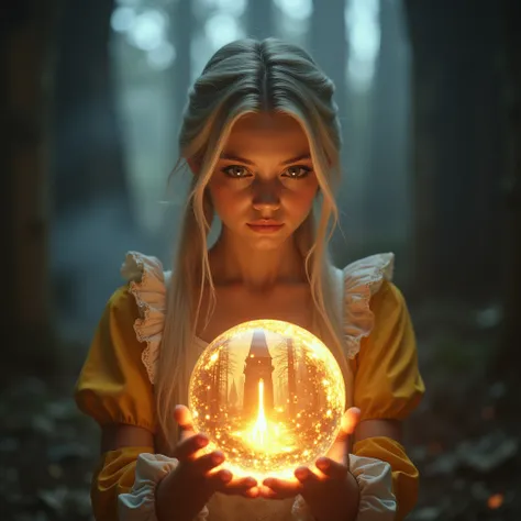  Super close up of a huge burning crystal ball  ,(  A dark tower shrouded in a dense mist is dramatically reflected inside the crystal ball:2.0),( The Old Sorcerers Room  ), fantasy world ,(  A woman sorceress is placing her hands on a crystal ball :2.0) ,...