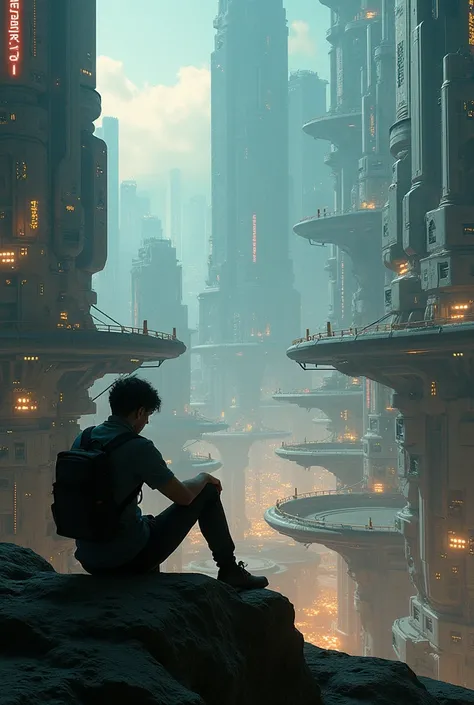 Image of a person sitting with a view of a cyber city