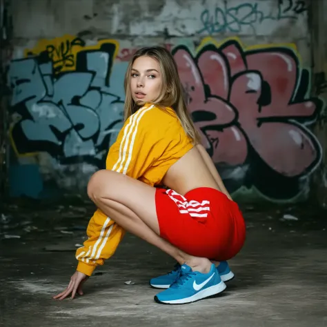 Ultra-realistic photograph of a beautiful woman crouched on the ground, on her back, looking at the camera, yellow sports jacket with white stripes on the sleeve, red nylon shorts 70s style, blue sports shoes, pose that highlights her round buttocks, outdo...