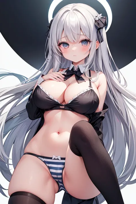 1 girl, cute,  girl,  crotch is close-up, striped underpants , From underneath, Splayed legs, lay, on the back,  gigantic breasts,  masterpiece,  best quality,  extremely detailed ,  closed mouth,  Melancholic , Kizuna Akari, Silver Hair,